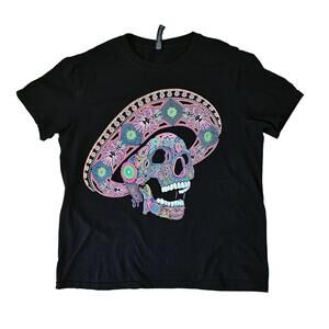 Codigo Cotton Large Neon Dia De Los Muertos Skull Sombrero Print Black TShirt